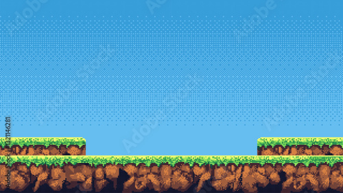 8-bit pixel art game level background. side scrolling game. blue sky. simple game map template. 2D retro video game style. pixelated vector graphics. 