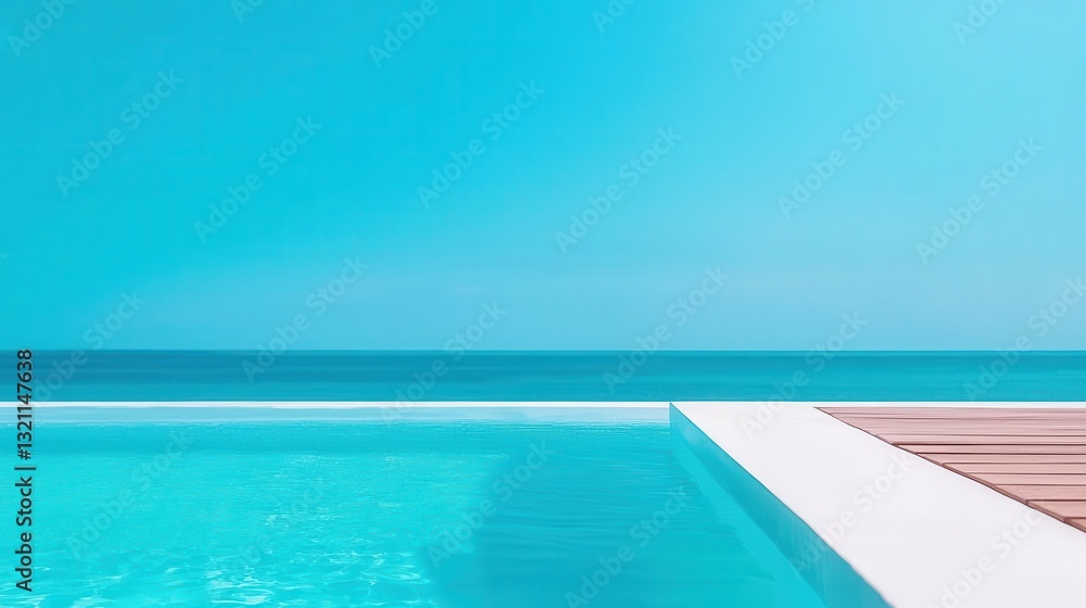 Fototapeta premium Luxurious rooftop pool at a beachfront residence, sleek glass design, ocean stretching into the horizon, peaceful atmosphere