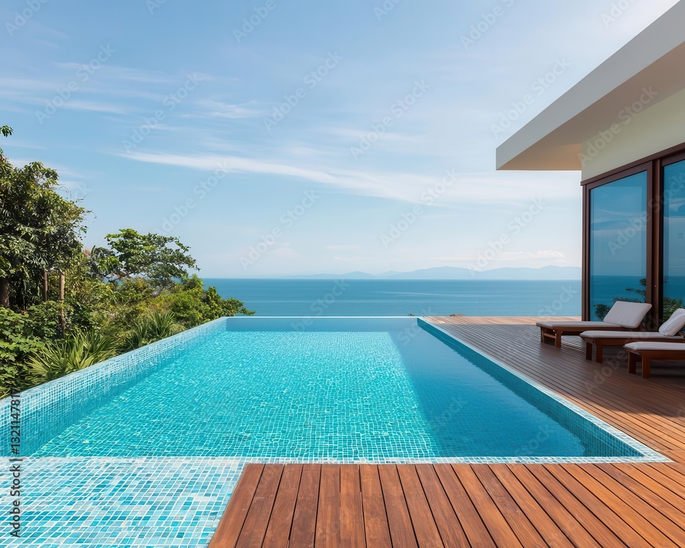 Fototapeta premium Infinity pool on the rooftop of a beachfront home, wooden deck with simple seating, ocean view stretching to the horizon