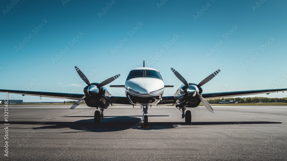 Small private propeller airplane parked on an airport runway Small private propeller airplane parked on an airport runway