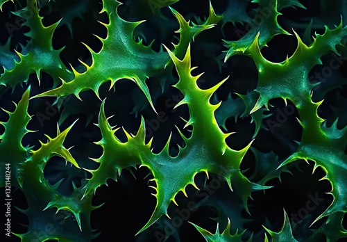 Close-up view of thorny plant structures.  Detailed macro shot of vibrant green and yellow thorn-like protrusions against a dark background.  Intricate pattern of leaf-like structures photo