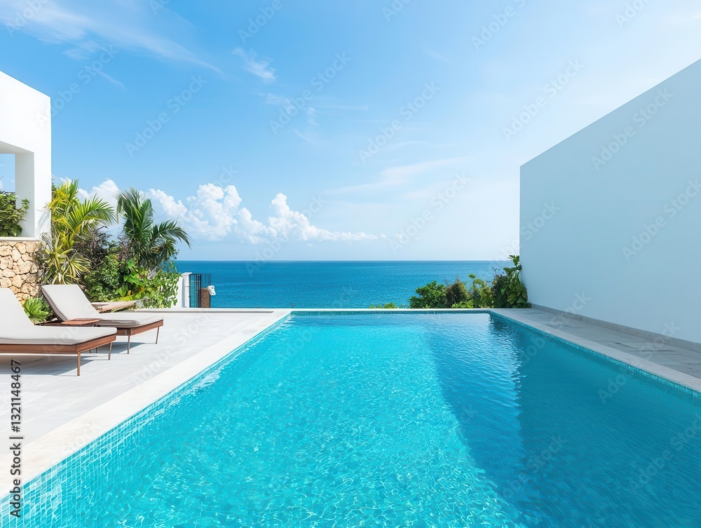 Fototapeta premium Luxurious rooftop pool with ocean view, infinity edge design, sleek lounge chairs, bright blue sky, modern residence