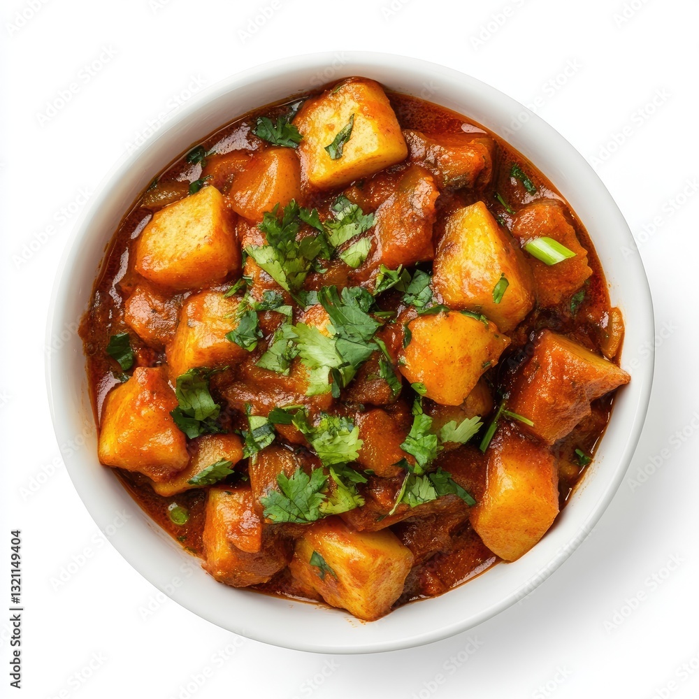 Aromatic Aloo Baingan Curry Served in a White Bowl with Garnished Cilantro Aromatic Aloo Baingan Curry Served in a White Bowl with Garnished Cilantro