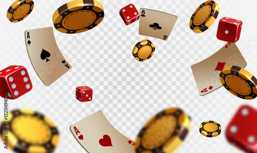 Falling poker chips, tokens, playing cards and dices on background