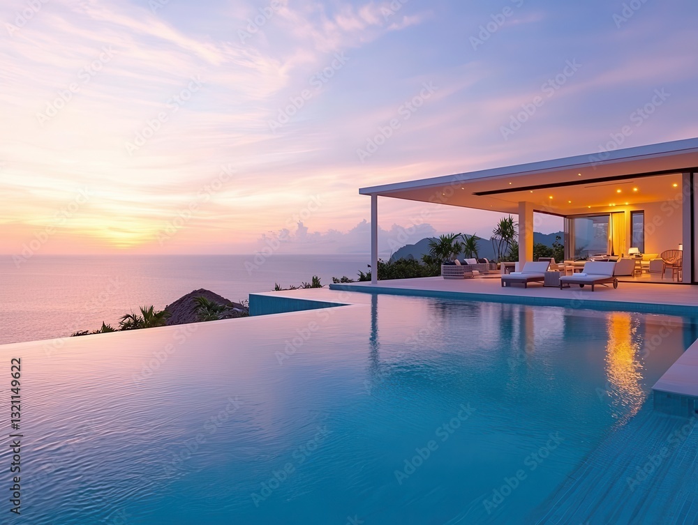 Contemporary villa with a rooftop infinity pool, ocean view in the distance, sleek and minimal design, peaceful sunset glow Contemporary villa with a rooftop infinity pool, ocean view in the distance, sleek and minimal design, peaceful sunset glow