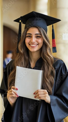Young woman in graduation attire smiling proudly while holding her diploma in a university setting