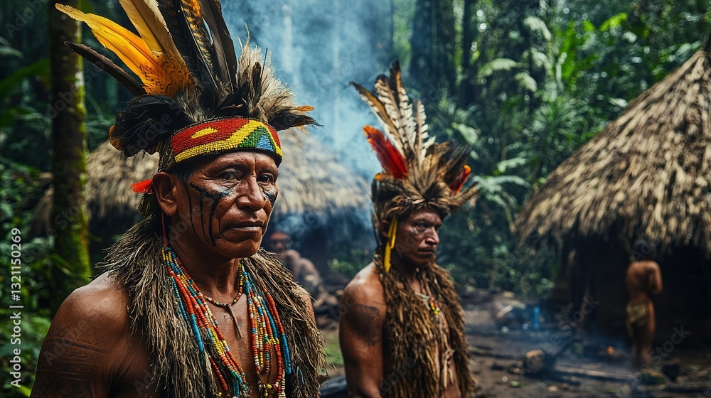Indigenous people of the Amazon rainforest, adorned in traditional headwear and body paint Indigenous people of the Amazon rainforest, adorned in traditional headwear and body paint