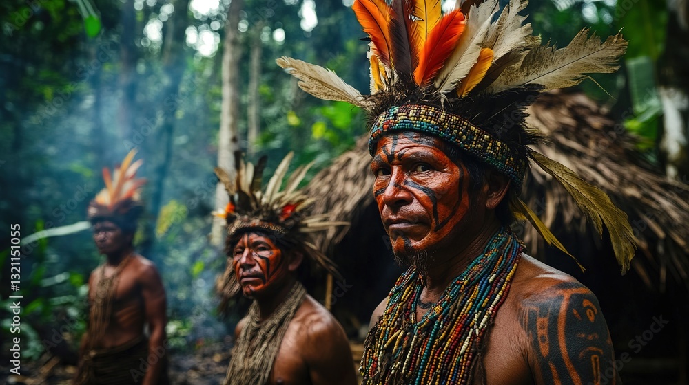 Indigenous people of the Amazon rainforest, adorned in vibrant tribal attire and body art, stand amidst their traditional huts Indigenous people of the Amazon rainforest, adorned in vibrant tribal attire and body art, stand amidst their traditional huts