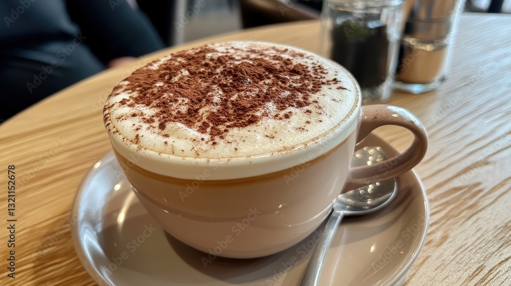 Creamy coffee beverage topped with cocoa powder served in an elegant cup on a light wooden table indoors Creamy coffee beverage topped with cocoa powder served in an elegant cup on a light wooden table indoors