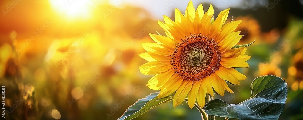 Fototapeta premium Vibrant sunflower in bloom at sunset in a lush green field with warm sunlight