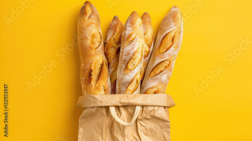 baquettes in paper bag on yellow background photo