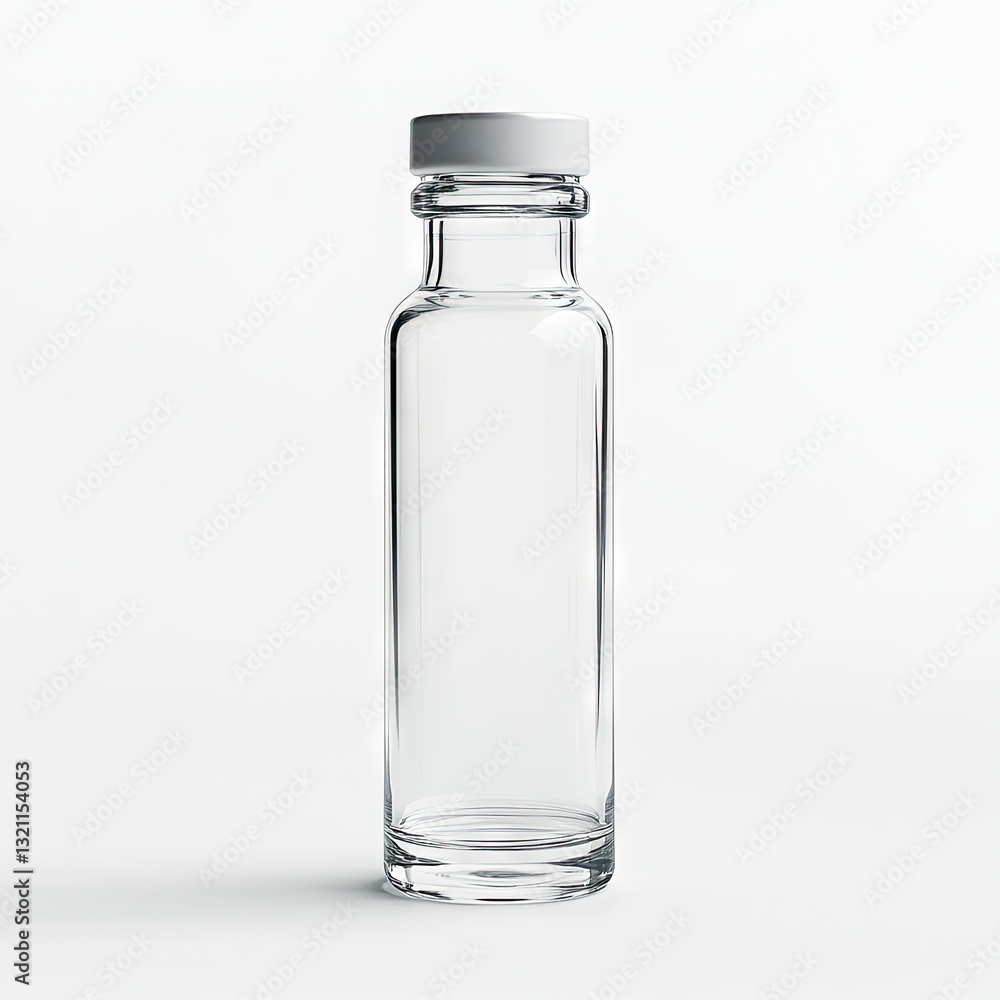 Empty clear glass bottle with white cap Empty clear glass bottle with white cap