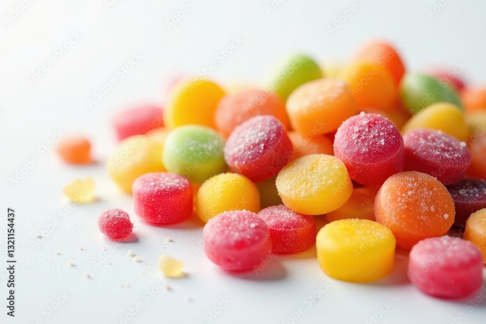 Vibrant assorted candies, clean white backdrop, hard candy, purple Vibrant assorted candies, clean white backdrop, hard candy, purple