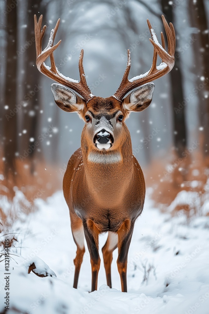 Majestic buck stands alert in snowy forest during winter Majestic buck stands alert in snowy forest during winter