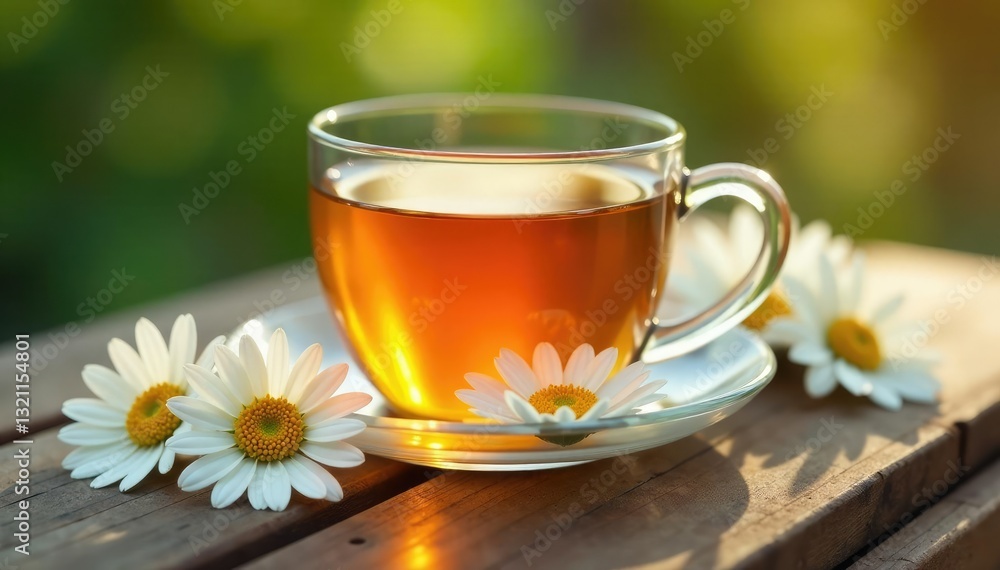 Soothing glass cup filled with fragrant chamomile tea, cup, chamomile, herbal Soothing glass cup filled with fragrant chamomile tea, cup, chamomile, herbal