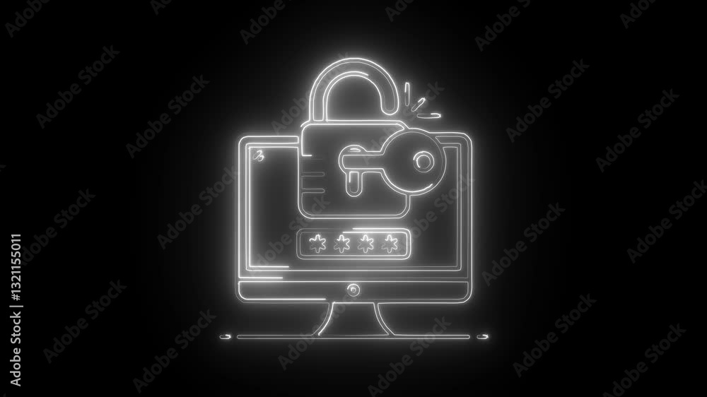 Glowing neon secure computer icon isolated on black background. HD Video motion graphic animation Glowing neon secure computer icon isolated on black background. HD Video motion graphic animation