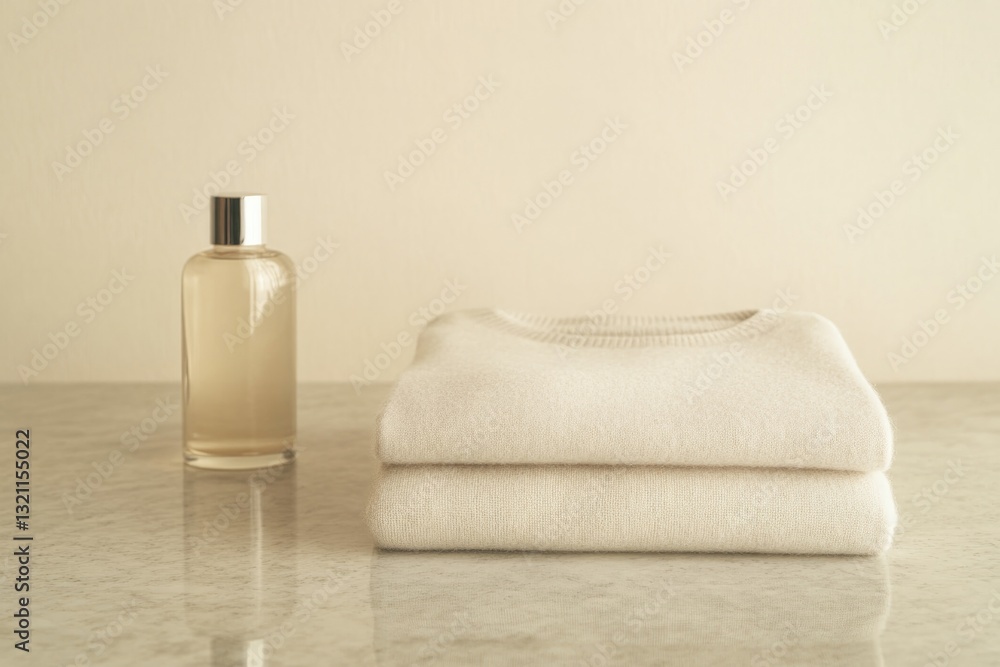 Minimalist setup featuring soft towels and elegant bottle, exudi Minimalist setup featuring soft towels and elegant bottle, exudi