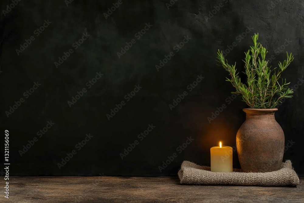 Warm candlelight illuminates rustic pottery and fresh greenery a Warm candlelight illuminates rustic pottery and fresh greenery a