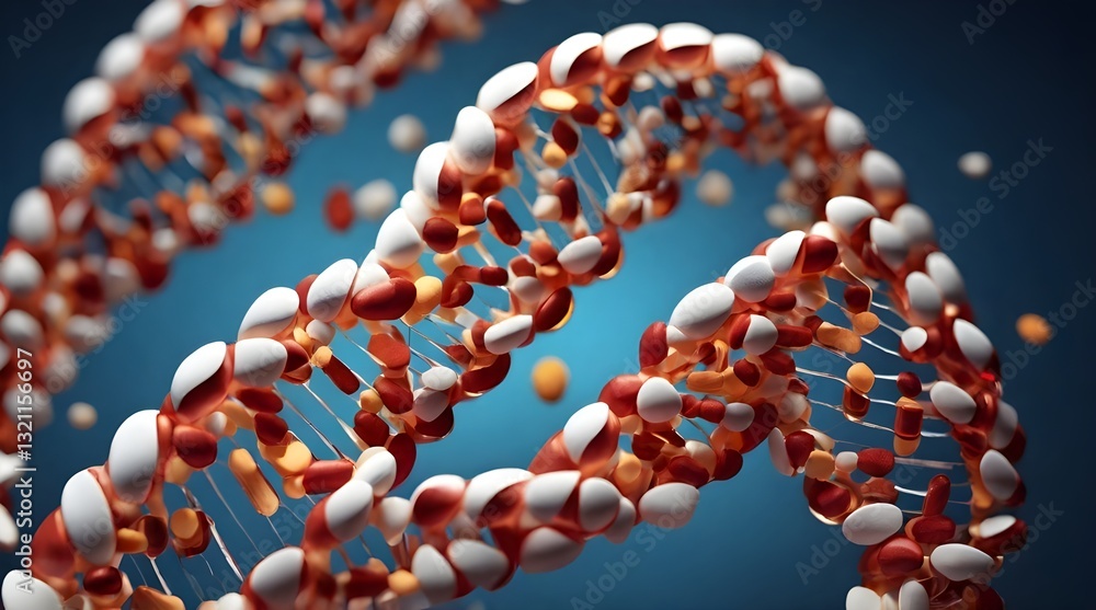 A creative image of pills forming a DNA helix, representing the impact of genetics.generative.ai