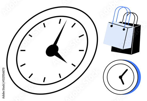 Clock with hour and minute hands, shopping bags beside it. Ideal for time management, punctuality, retail schedules, shopping events, consumer habits, daily planning efficiency. Simple abstract line