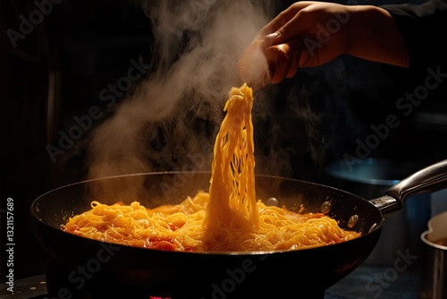 Chef tossing pasta in a hot pan.  Steam rises from the dish photo