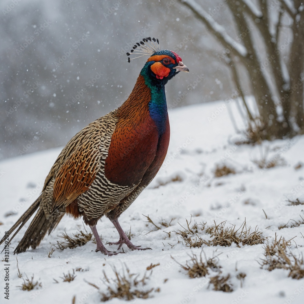 Fototapeta premium A pheasant standing in a snowy landscape, its bright plumage contrasting against the white.