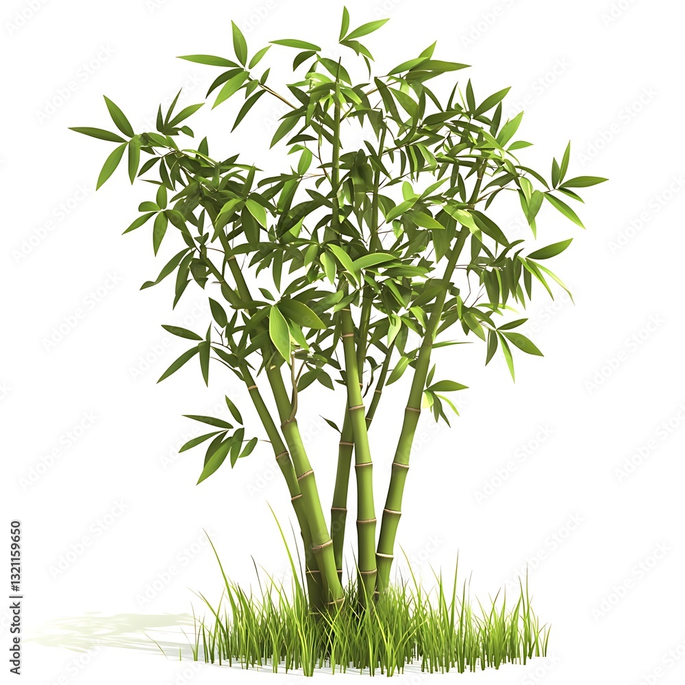Fototapeta premium Lush Green Bamboo Cluster with Grass, 3D Render, Isolated on White Background