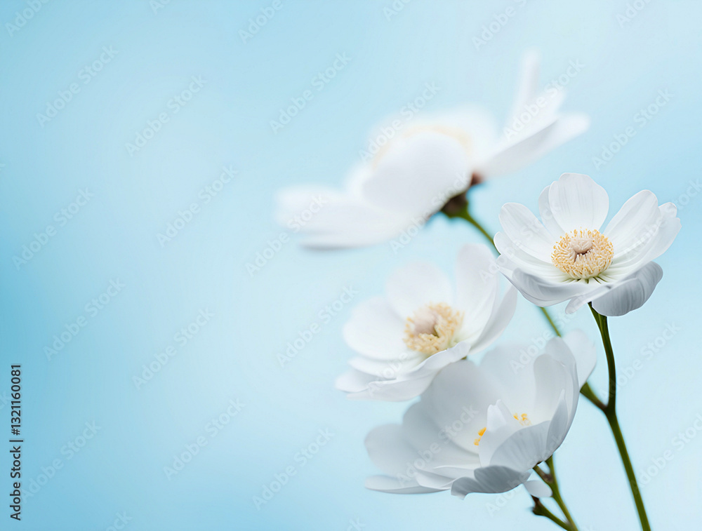 Delicate white flowers bloom against a soft blue background, showcasing their beauty in serene surroundings during a peaceful spring day Delicate white flowers bloom against a soft blue background, showcasing their beauty in serene surroundings during a peaceful spring day