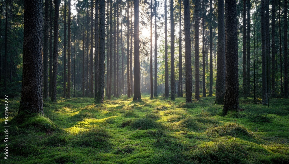 Fototapeta premium Sunlight filters through a dense forest, illuminating the mossy ground