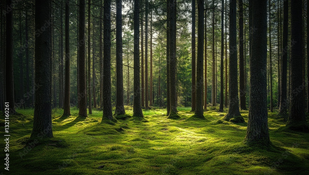 Obraz premium Sunlight filtering through a dense forest. Moss-covered forest floor bathed in golden light
