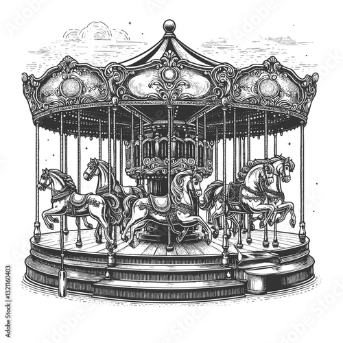 Vintage Carousel with Horses vector illustration