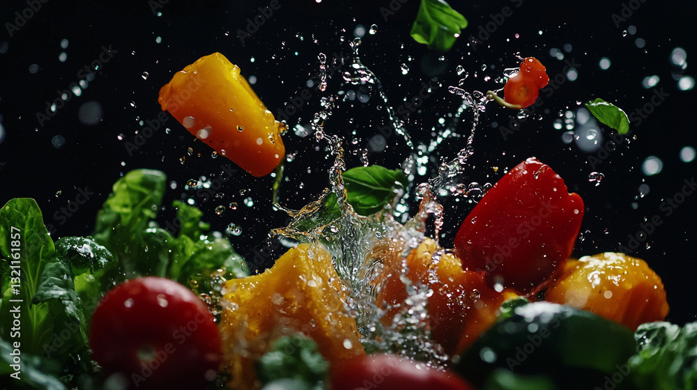 Vibrant fresh vegetables splashing water colorful peppers lettuce basil healthy food ingredients Vibrant fresh vegetables splashing water colorful peppers lettuce basil healthy food ingredients