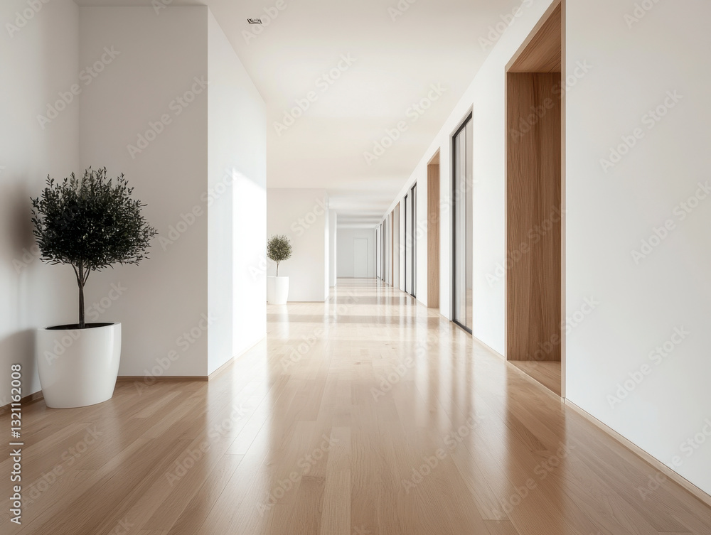 Fototapeta premium Elegant hallway in a contemporary apartment with wooden flooring and neutral tones.