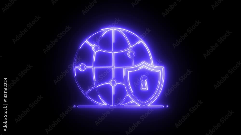 Glowing neon global security icon isolated on black background. HD Video motion graphic animation Glowing neon global security icon isolated on black background. HD Video motion graphic animation