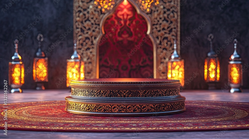 Fototapeta premium 3D Ramadhan podium is placed on a luxurious Persian carpet Show an elegant Ramadan lantern setup in the background Use deep red, gold, and beige colors Vibrant color