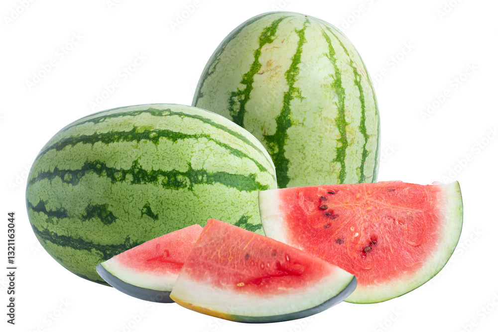 A close-up of a whole watermelon with a slice for summer refreshment ideas. A close-up of a whole watermelon with a slice for summer refreshment ideas.