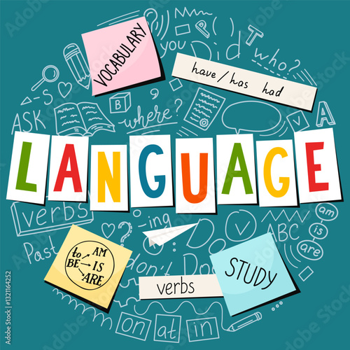 Language studying concept. Language doodle with lettering.