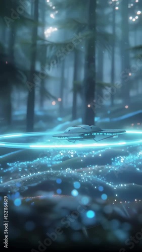 Futuristic drone navigating a mystical forest with blue light trails