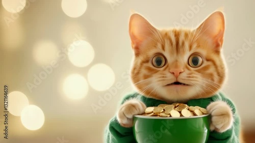Adorable cat holding bowl of coins against a bokeh background