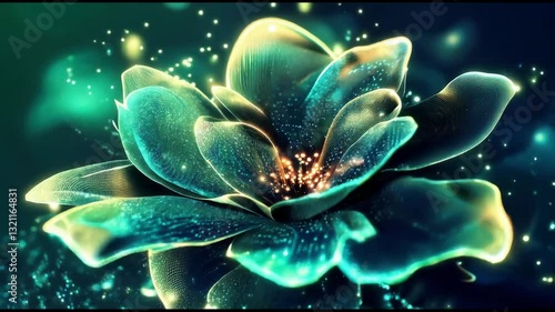 Glowing floral fantasy: illuminated digital flower in a dreamlike cosmic setting