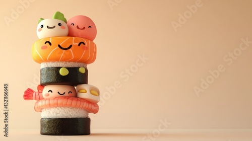 Cute sushi tower.  A colorful stack of smiling sushi rolls, creating a fun and playful design