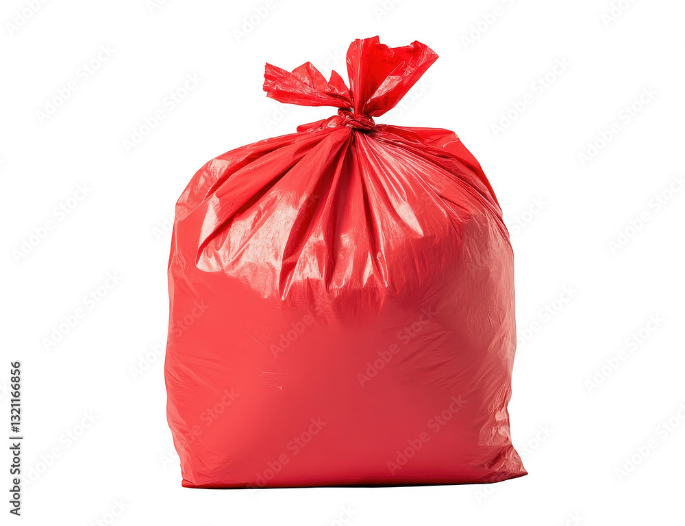 Bright red garbage bag filled with waste securely tied, isolated on a transparent background, representing effective waste management and recycling efforts in urban settings Bright red garbage bag filled with waste securely tied, isolated on a transparent background, representing effective waste management and recycling efforts in urban settings
