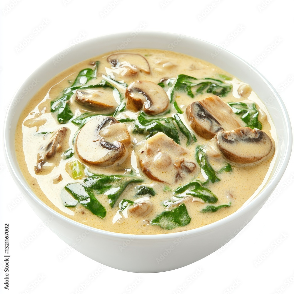 Creamy Spinach and Mushroom Curry in White Bowl on Isolated Background Creamy Spinach and Mushroom Curry in White Bowl on Isolated Background