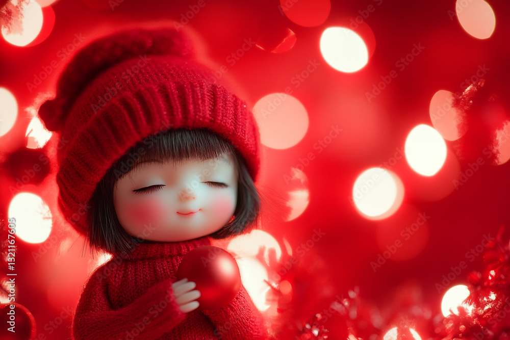 Fototapeta premium Adorable red hat girl doll holding ornament festive christmas up toy art cute happy sweet child close