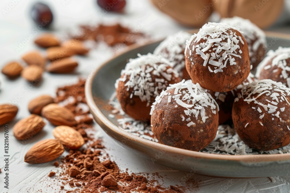 Coconut almond bliss balls on rustic plate. AI generated Coconut almond bliss balls on rustic plate. AI generated