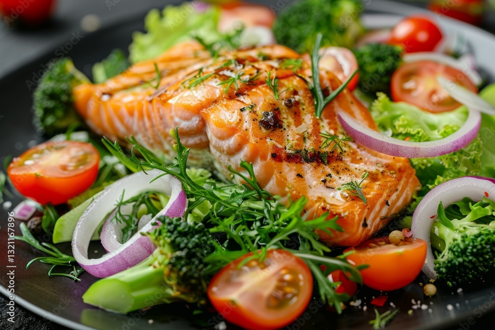 Grilled salmon on fresh vegetable salad. AI generated Grilled salmon on fresh vegetable salad. AI generated