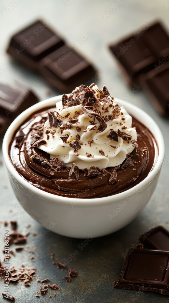 Indulgent chocolate mousse topped with whipped cream and chocolate shavings served in a bowl Indulgent chocolate mousse topped with whipped cream and chocolate shavings served in a bowl