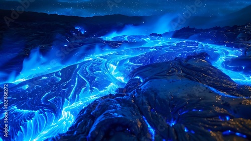 Glowing Lava River Understarry Sky with Ethereal Blue Light and Mystical Atmosphere