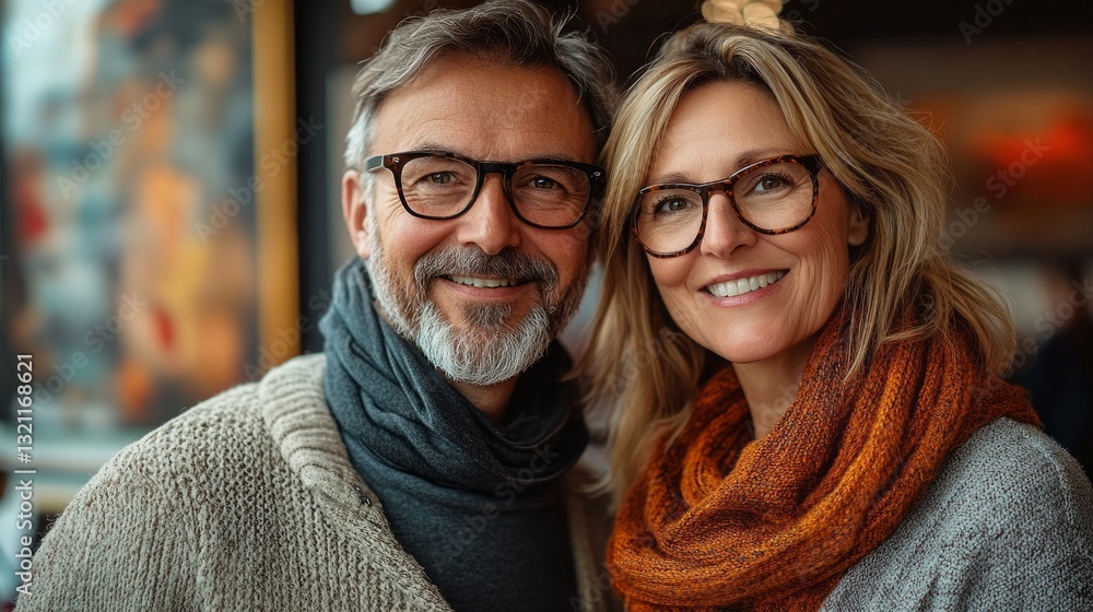 A couple in their fifties passionately discusses and selects bold contemporary art at an art gallery, excited to enhance their living room aesthetics with unique pieces A couple in their fifties passionately discusses and selects bold contemporary art at an art gallery, excited to enhance their living room aesthetics with unique pieces