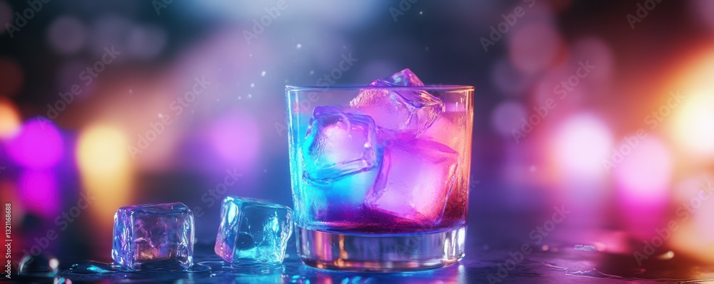Colorful cocktail in glass with ice cubes and neon bokeh lights background Colorful cocktail in glass with ice cubes and neon bokeh lights background